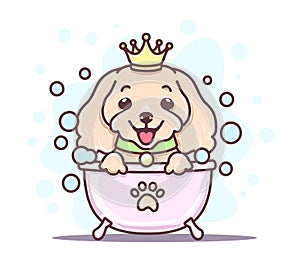 The character of cute dog with tube and bath time. Illustration about dog grooming and pet healthcare for graphic content,