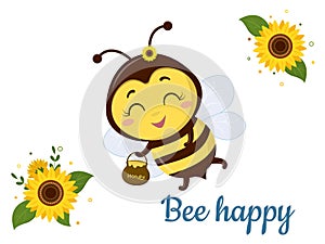 Character cute Honey bee with a pot of honey flies, sunflower flower and leaves on white background. Vector, cartoon