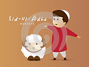 Character of Cute Muslim Boy Opening His Arms and Cartoon Sheep on the Occasion of Eid-Ul-Adha Mubarak Festival of Sacrifice