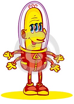 Character cute yellow alien in a red spacesuit who friendly waves his hands, isolated object on a white background, vector