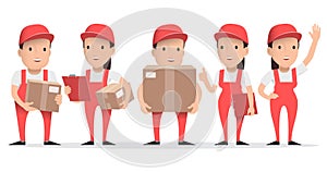 Character delivery man in red uniform with cardboard box.