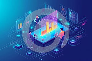 Character design, business people working, using big data, vector graphics concept of people analyzing business statistics