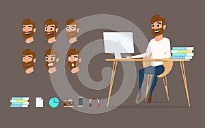 Character design. Businessman working on desktop computer with different emotions on face.