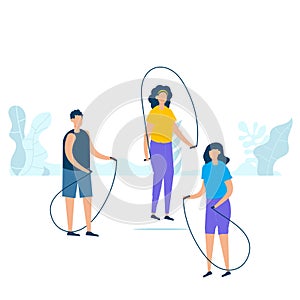 Character design of group young people jumping with rope together in nature with healthy lifestyle concept. Vector illustration in