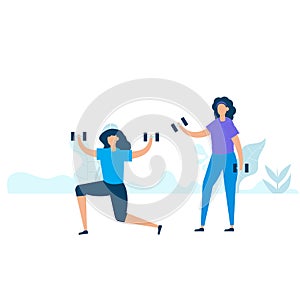 Character design of two young fitness woman exercising with holding dumbbell in nature with healthy lifestyle concept. Vector