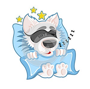 Character dog in the bed sleeping and snoring with blindfellen in cartoon style on white