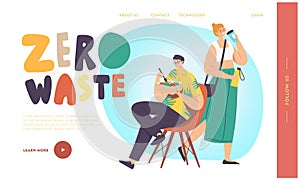 Character Drinking Coffee, Eating Food Use Zero Waste Recycling Package Landing Page Template. Fight with Contamination