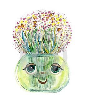 A character with the eyes of a vase with flowers. Isolated on white background. Watercolor.