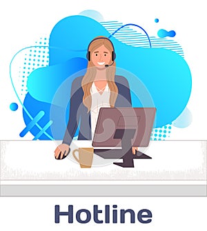 Character female call center hotline. Online customer support worker, telephone service operator