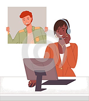 Character female call center hotline. Online customer support worker, telephone service operator