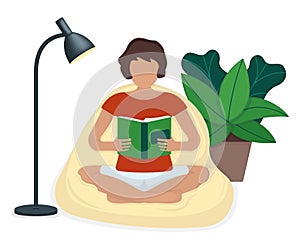 Character female sitting soft bag and read book with green leaf pot and floor lamp, woman rest isolated on blue, flat vector
