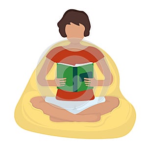 Character female sitting soft bag and read book, woman rest isolated on blue, flat vector illustration. Cozy modern interior play