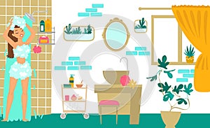 Character female take shower, joyful young girl washes hair cartoon vector illustration. Modern cozy bathroom, woman