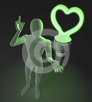 Character, figure, man having a love idea depicted by heart shaped green neon, fluorescent light bulb