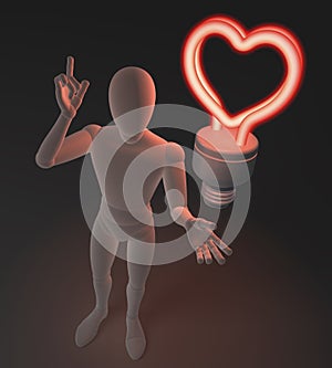 Character, figure, man having a love idea depicted by heart shaped red neon, fluorescent light bulb