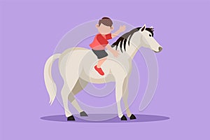 Character flat drawing adorable little boy riding horse at village. Cheerful child sitting on back horse with saddle in ranch park