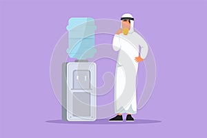 Character flat drawing Arab businessman drinking fresh water in a glass while standing next to water dispenser filled with gallons