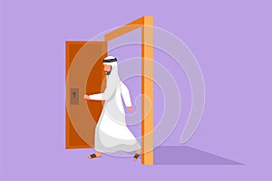 Character flat drawing Arab businessman walking through an open door frame. New business ventures challenge. Entering new market