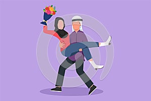 Character flat drawing Arab man carrying woman and making marriage proposal with bouquet. Guy in love giving flower. Happy