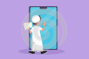 Character flat drawing back view of Arab pre schooler boy student writing on giant smartphone screen like he was writing on