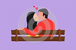 Character flat drawing back view of romantic Arab couple sweet kissing sitting on bench at park in beautiful scenery. Happy guy