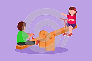 Character flat drawing boy and girl of preschool swinging on seesaw. Kids having fun at playground. Cute children playing seesaw