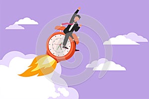 Character flat drawing of businessman riding alarm clock rocket ship with fire, clouds. Time, watch, limited offer, deadline