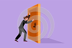 Character flat drawing businesswoman pushes closed wooden door. Business struggles metaphor. Strength manager for success in