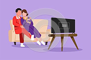 Character flat drawing cheerful couple watching TV together sitting on sofa. Happy man and pretty woman relaxing in living room.
