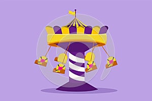 Character flat drawing colorful wave swinger in amusement park with four seats and flag above. Passengers can swing around in the