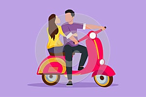 Character flat drawing couple with scooter vintage, pre-wedding concept. Happy man and cute woman with motorcycle, amorous