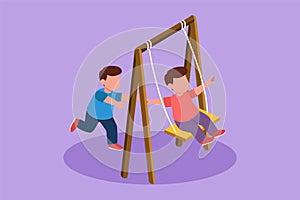 Character flat drawing cute little boy swinging on swing and his friend helped push from behind. Happy preschool kids friends