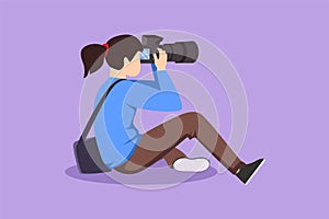Character flat drawing cute woman photographer of paparazzi sitting and taking photo with modern digital camera with angles.