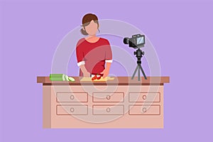 Character flat drawing female food blogger logo. Chef cooking, recording video using camera. Online channel, stream. Woman teaches