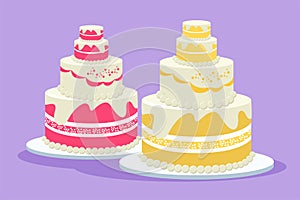 Character flat drawing fresh delicious stacked wedding cake with strawberry fruit topping. Pastry confectionery concept for flyer