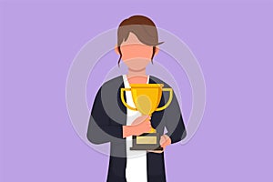 Character flat drawing happy businesswoman in formal blazer holding golden trophy with both hand in front of her chest. Winning