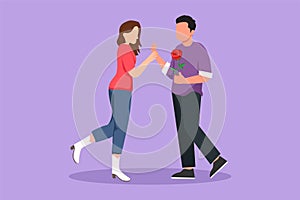 Character flat drawing happy couple in love on romantic date. Cute smiling boy giving rose flower to his pretty girl. Handsome man