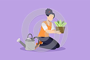 Character flat drawing happy girl taking care of houseplants growing in planters. Young beautiful woman cultivating potted plants