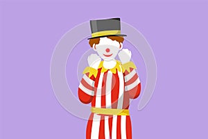 Character flat drawing happy male clown standing with celebrate gesture wearing hat and smiling face makeup. Entertain children