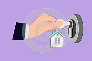 Character flat drawing landlord unlocks the house key for new home. Real estate symbol. Female hand holding key from house