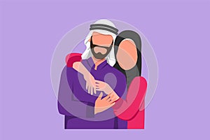 Character flat drawing of lovers man and woman hugging each other. Happy family. Romantic couple in relationship in love. Arabian