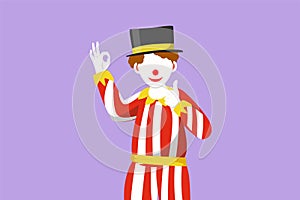 Character flat drawing male clown hand say hi and the other hand with okay gesture. Wearing hat and smiling face makeup. Entertain