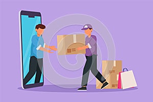 Character flat drawing male customer receives boxed package, through smartphone screen from male courier. Online delivery service