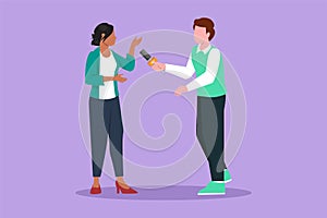 Character flat drawing male tv reporter interviewing questions to businesswoman. Man holding microphone interview with girl,