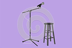 Character flat drawing microphone and stool on stand up comedy stage or classical music festival. Equipment at night club or bar