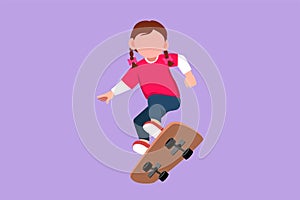 Character flat drawing pretty little girl playing on skateboard. Cheerful kid accelerating doing jumping. Happy children on