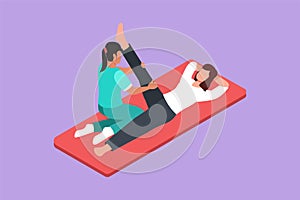 Character flat drawing of rehabilitation center or medical treatment. Massage therapy. Female physiotherapist giving leg massage