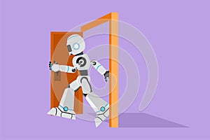 Character flat drawing of robot walking through an open door frame. New business ventures challenge. Humanoid robot cybernetic