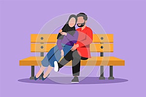 Character flat drawing romantic Arabian couple on bench in park. Happy man hugging and embracing woman at outdoor park. Couple