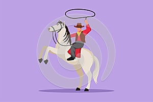 Character flat drawing stylized cowboy throwing lasso riding rearing up horse. American cowboy riding horse and throwing lasso.